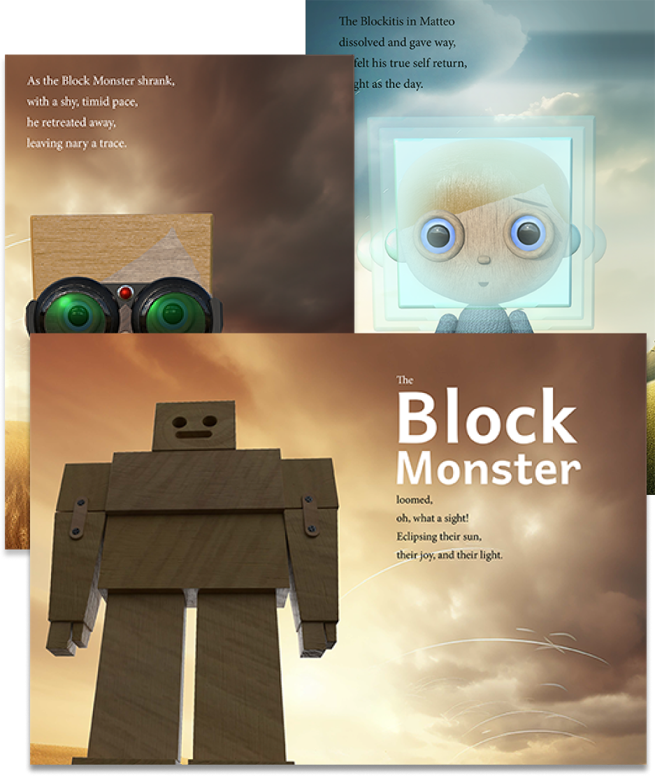 A collection of book pages Matteo & Luca Meet the Block Monster